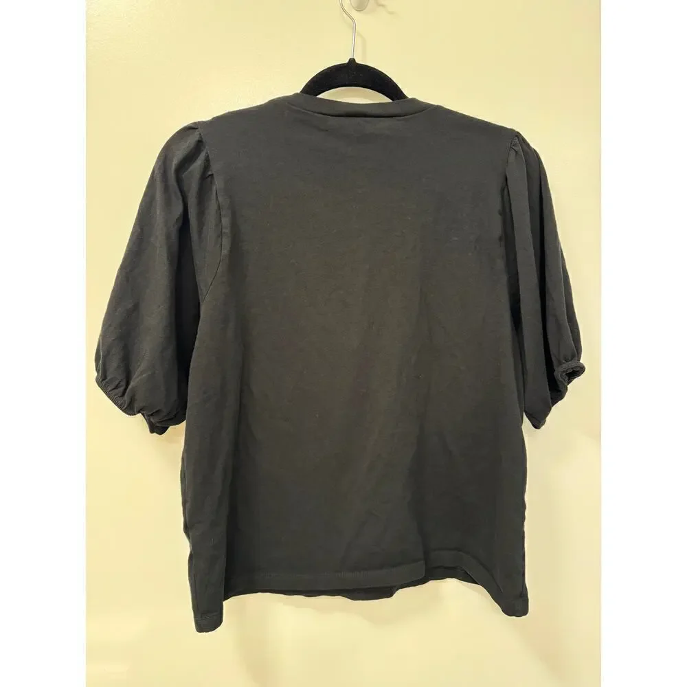 J. Crew 3/4 Sleeve Black Cotton Top Ruffle Neckline Puffy Sleeves Medium